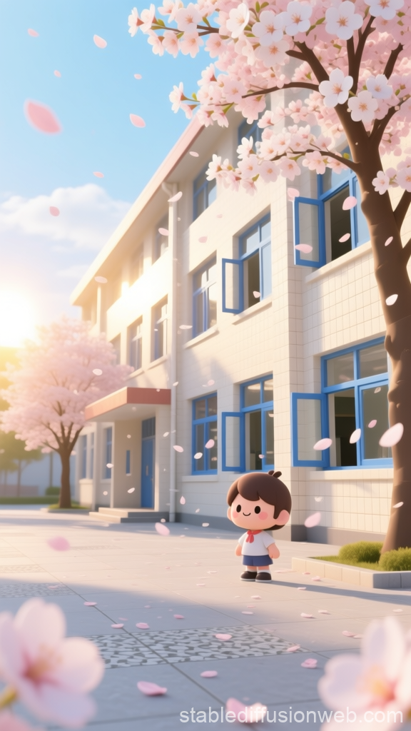 Morning School Corridor with Cherry Blossoms and Student