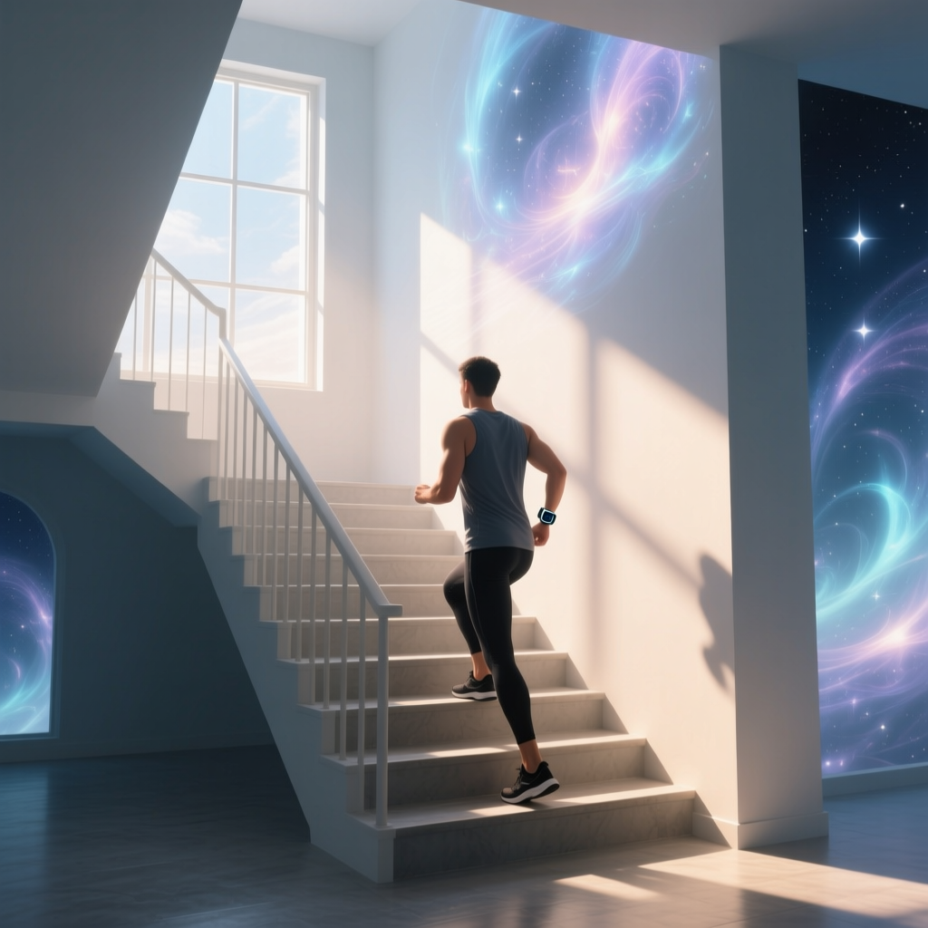 Morning Staircase Exercise with Cosmic Light Effects