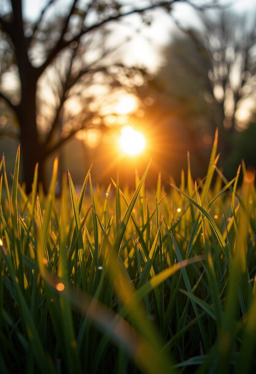 Morning Sunrise Through Dewy Grass