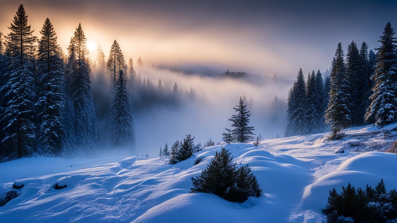 Morning Winter Forest with Mist and Snow