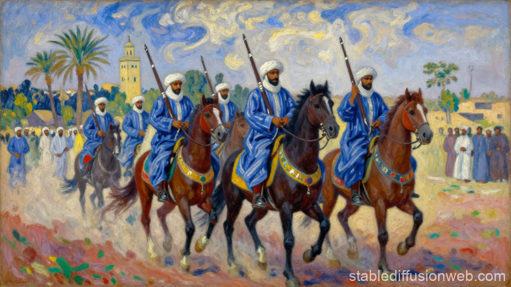 Moroccan Horse Riders in Traditional Blue Robes
