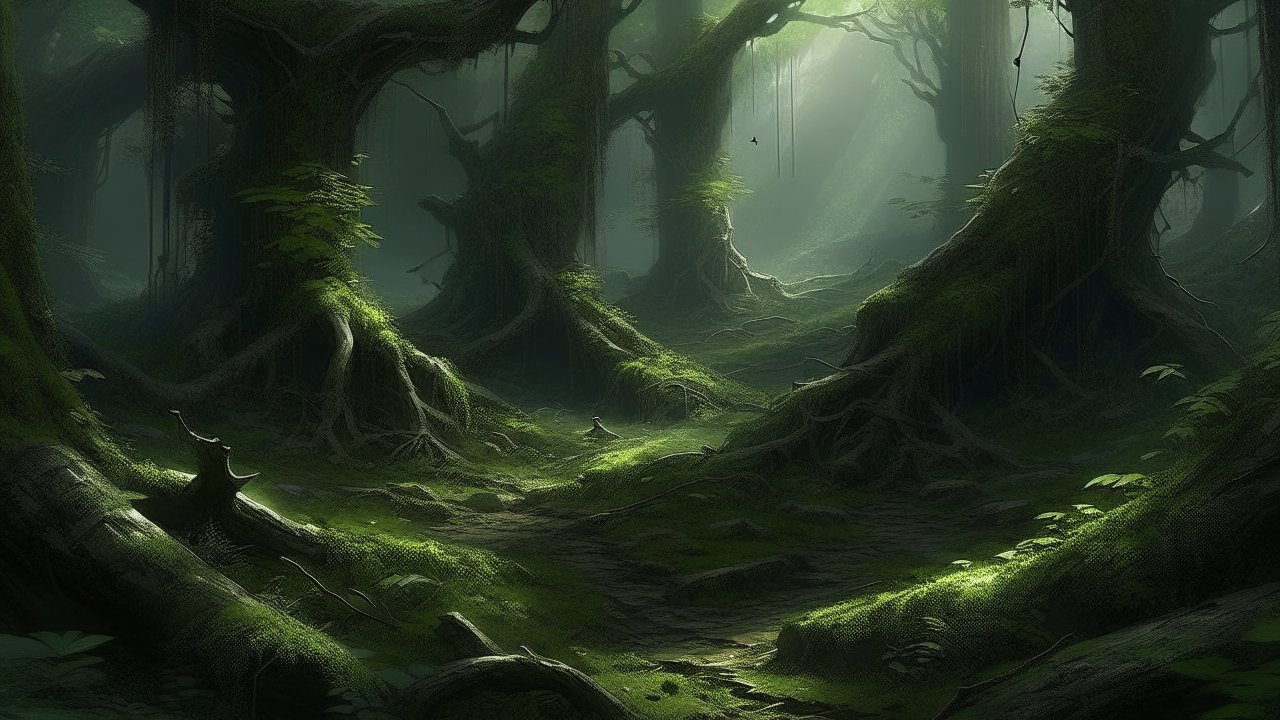 Moss-Covered Forest with Sunlight Beams