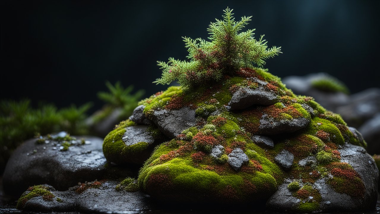 Moss-Covered Rocks with Small Pine Sprout