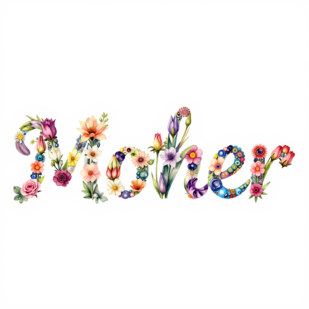 Mother Word Composed of Colorful Flowers in Watercolor