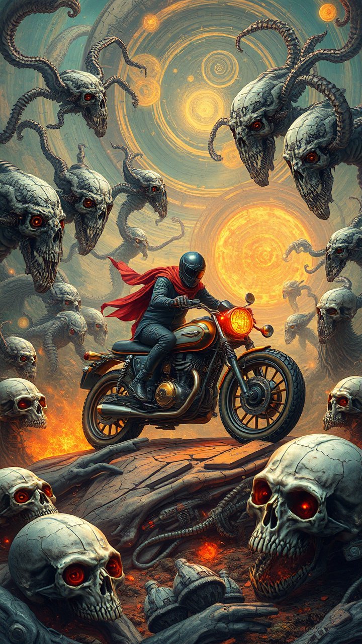 Motorcyclist Facing Demonic Skulls in Fiery Surreal Realm
