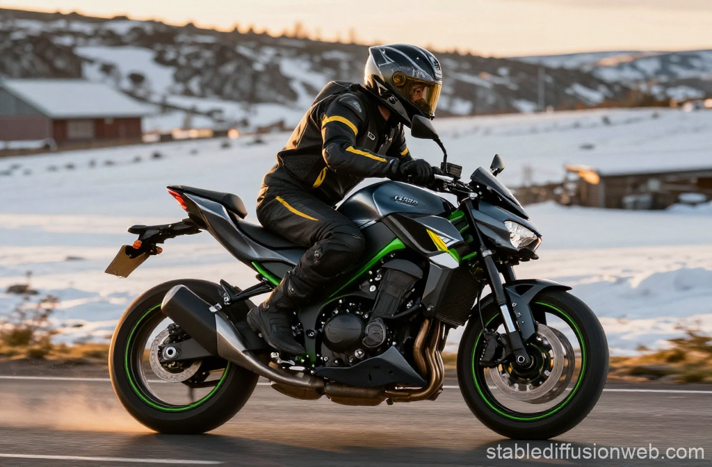 Motorcyclist Riding Kawasaki Z1100 on Snowy Road