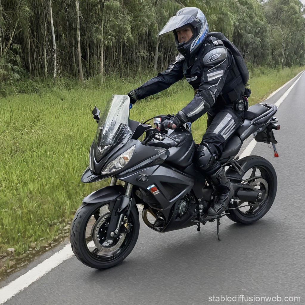 Motorcyclist Riding on a Road with Greenery