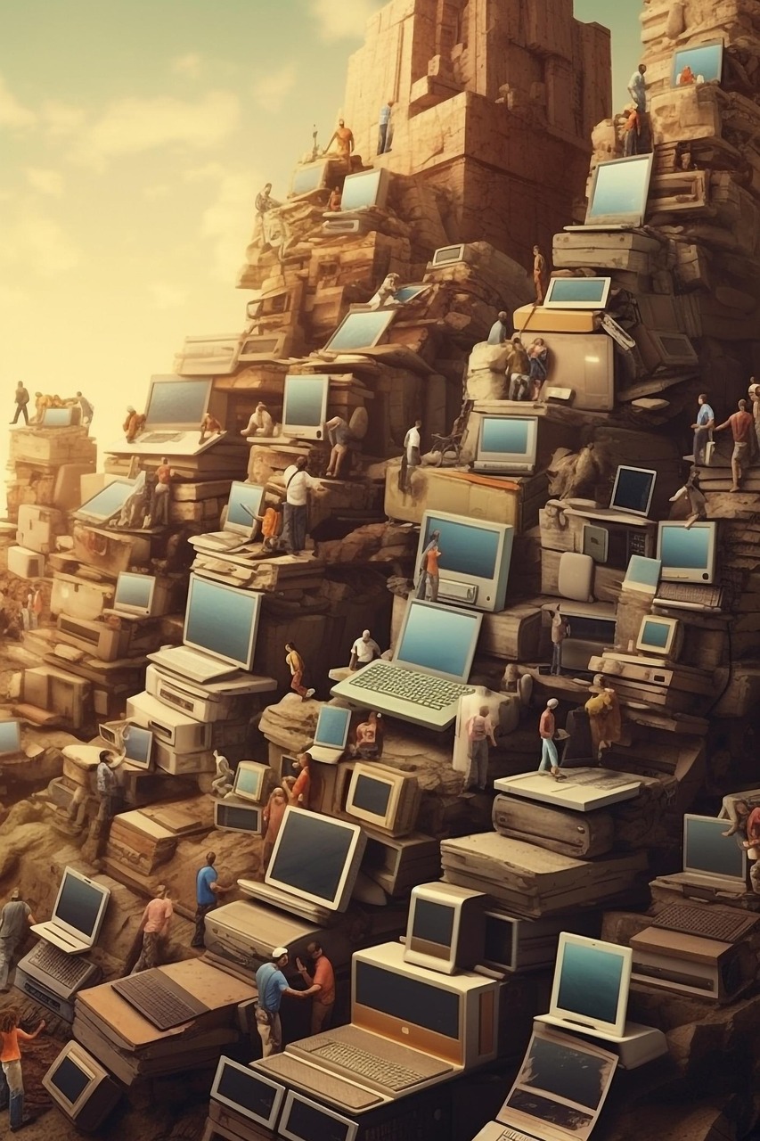 Mountain of Vintage Computers with Tiny People