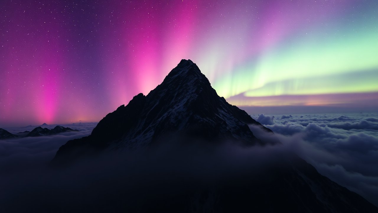 Mountain Peak Under Vibrant Northern Lights
