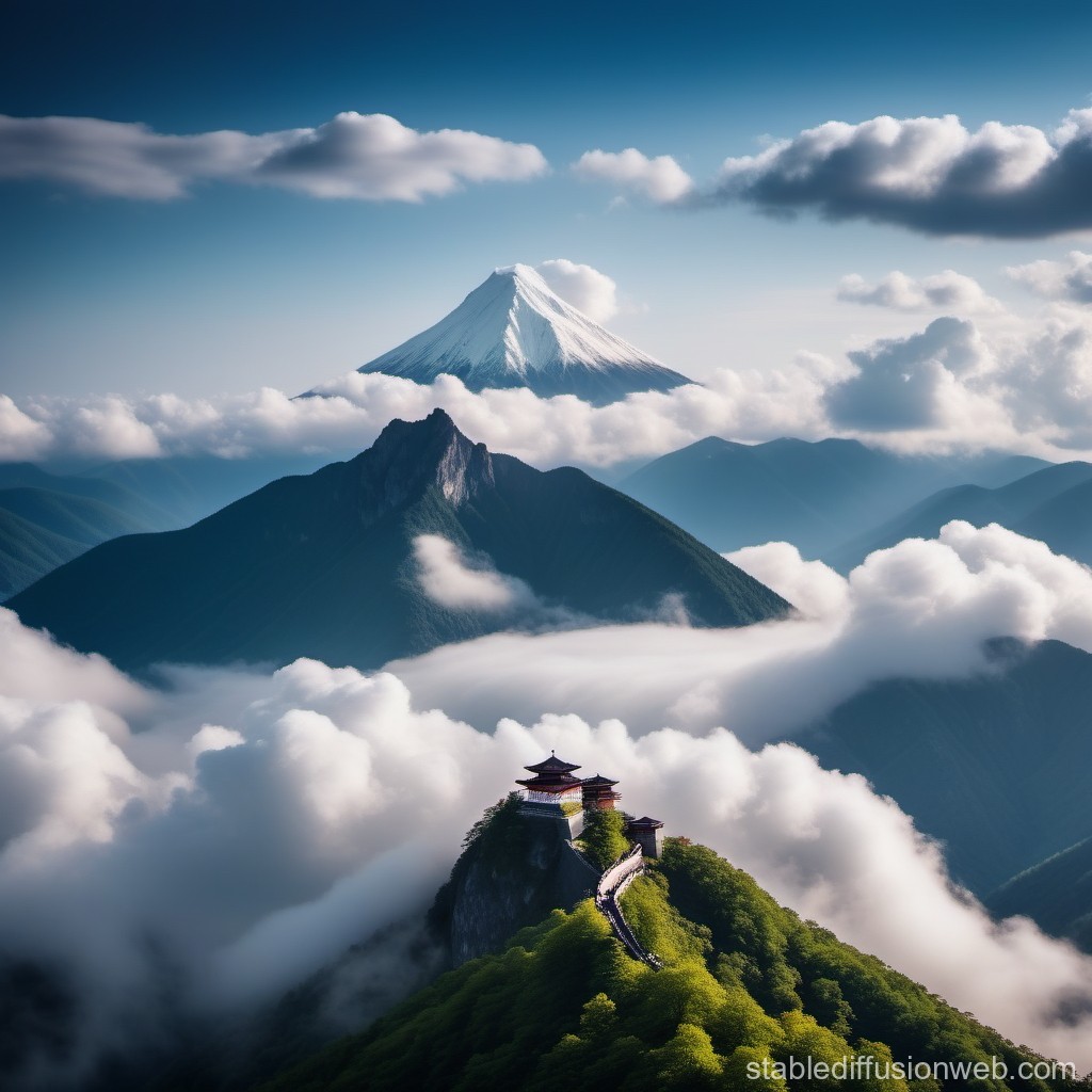 Mountain Temple Above the Clouds with Snow-Capped Peak