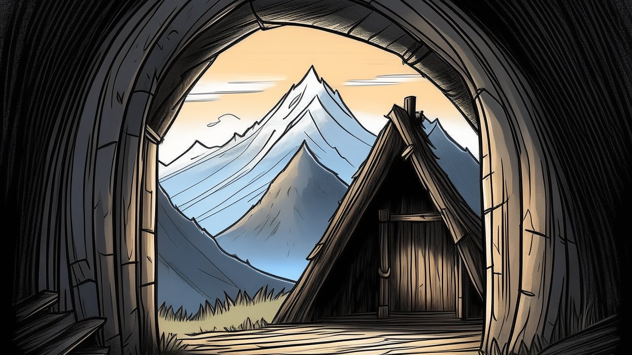 Mountain View from a Rustic Cabin Entrance