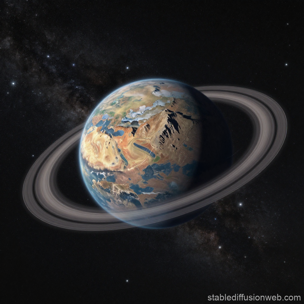Mountainous Planet with Rings in Space
