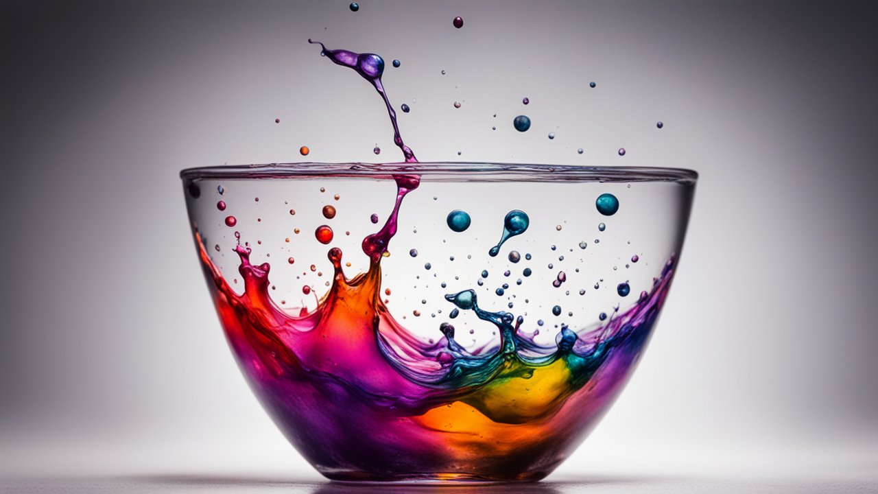 Multicoloured Ink Drops Splashing in Glass Bowl