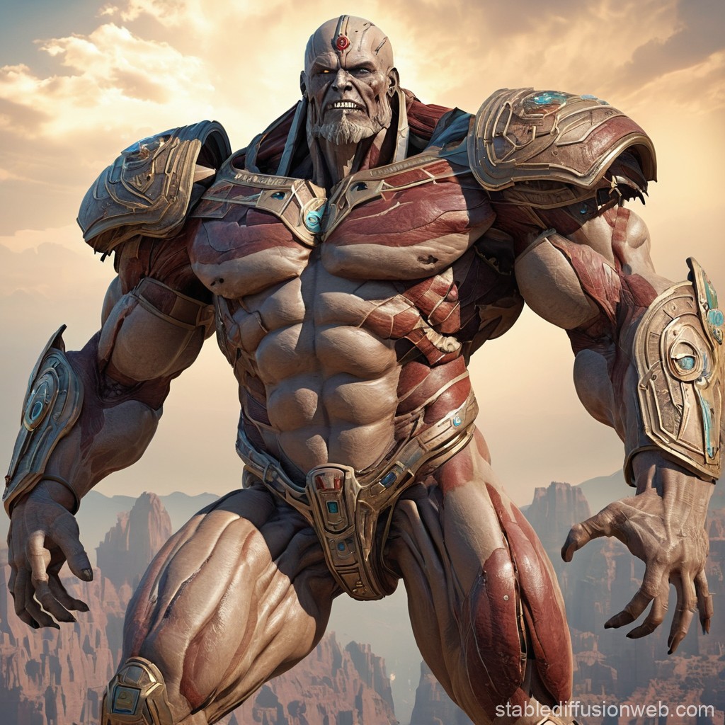 Muscular Armored Warrior in Desert Landscape