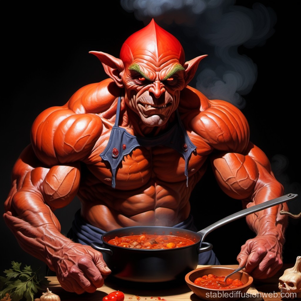 Muscular Demon Cooking a Spicy Stew