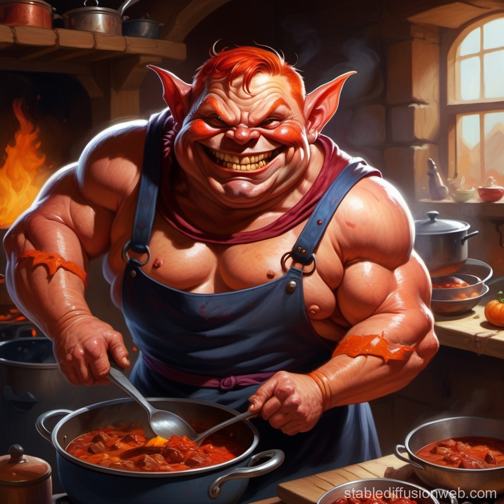Muscular Fantasy Chef Preparing Stew in Cozy Kitchen