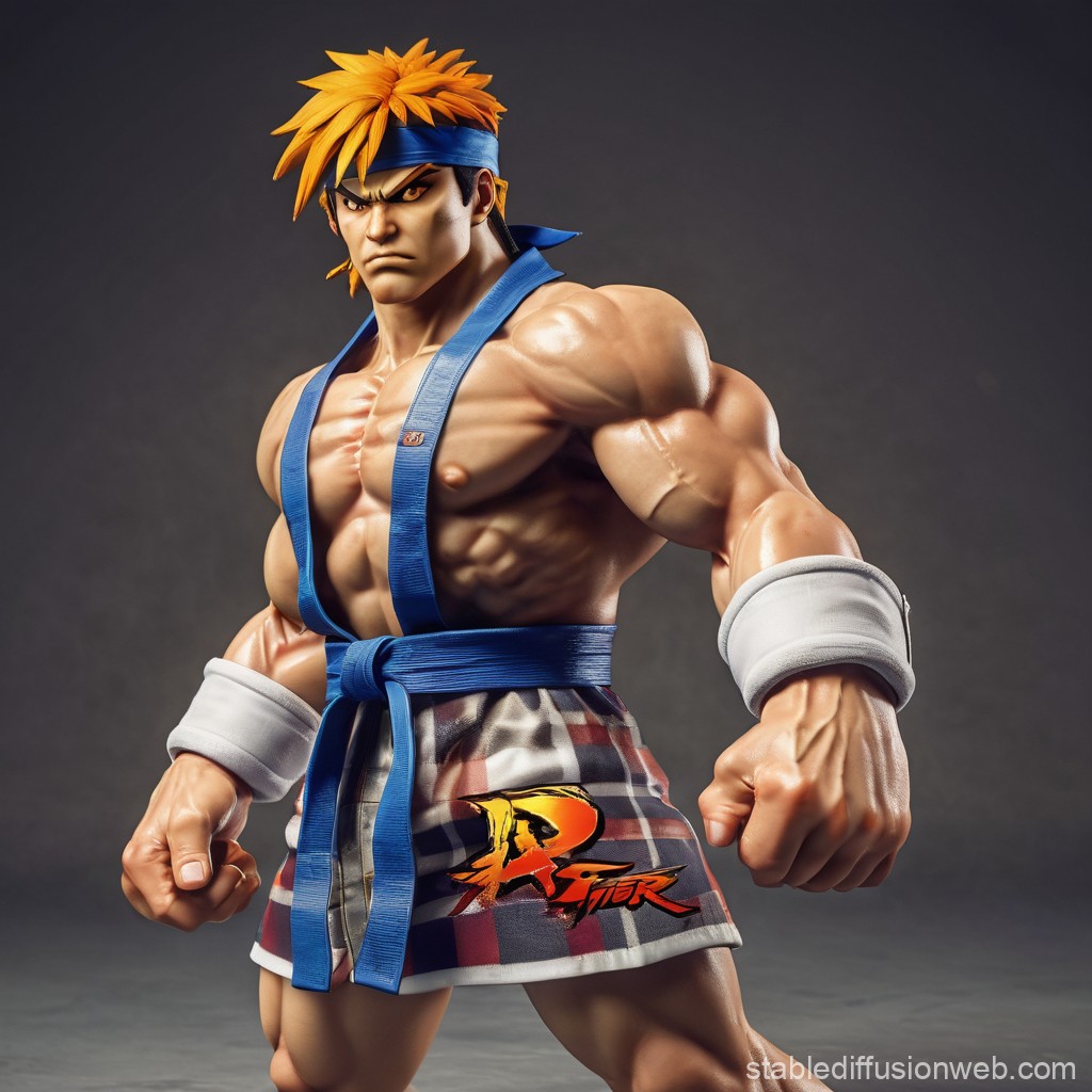Muscular Fighter Character in Blue Gi with Intense Expression