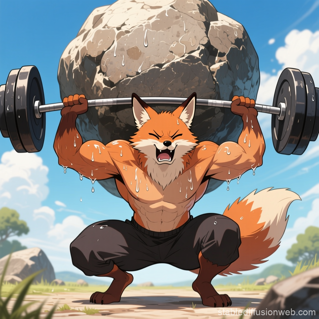 Muscular Fox Lifting Heavy Barbell with Giant Rock