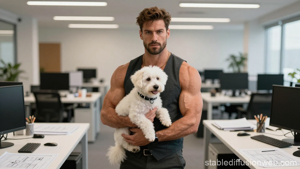 Muscular Man Holding a Small White Dog in Modern Office