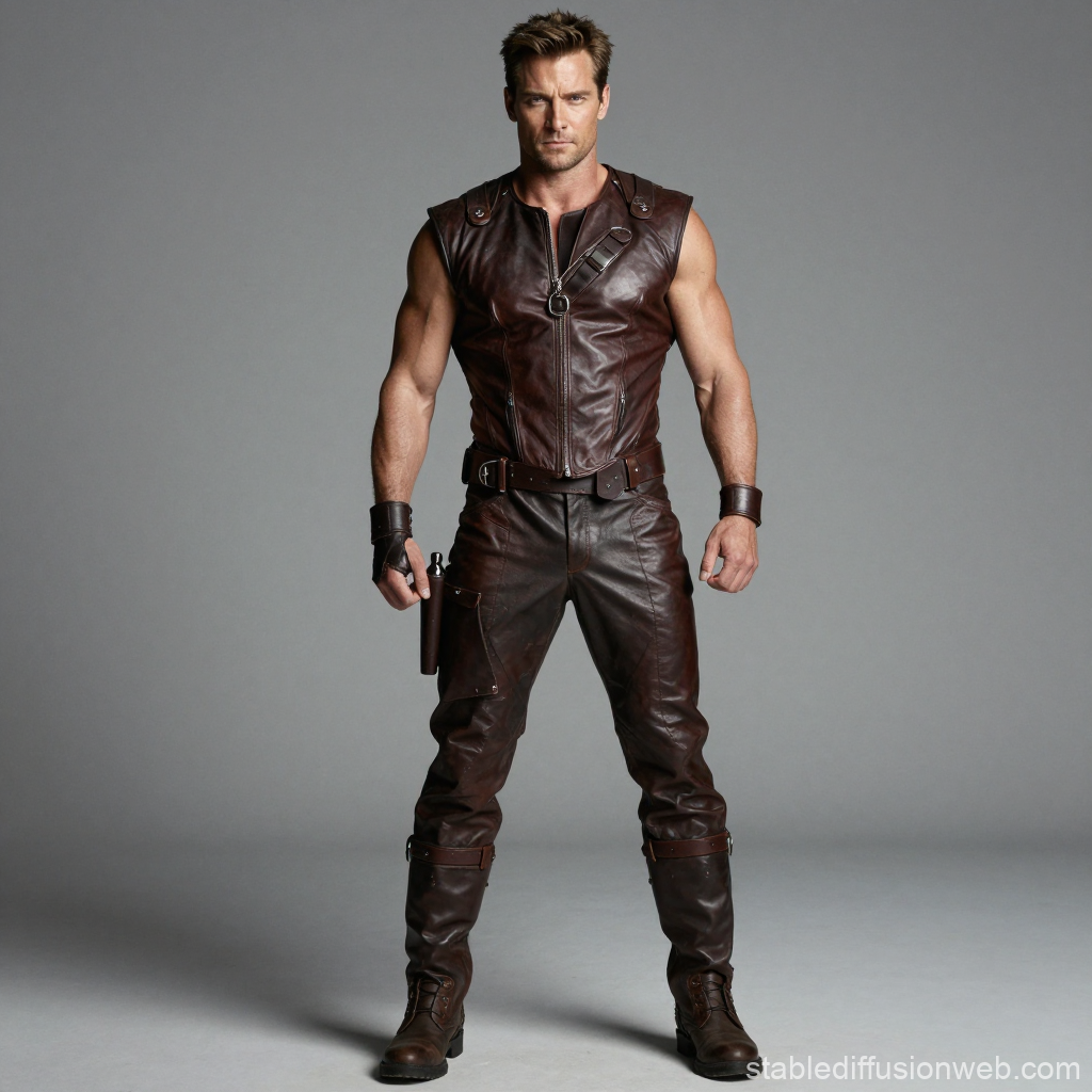 Muscular Man in Brown Leather Outfit Standing Confidently
