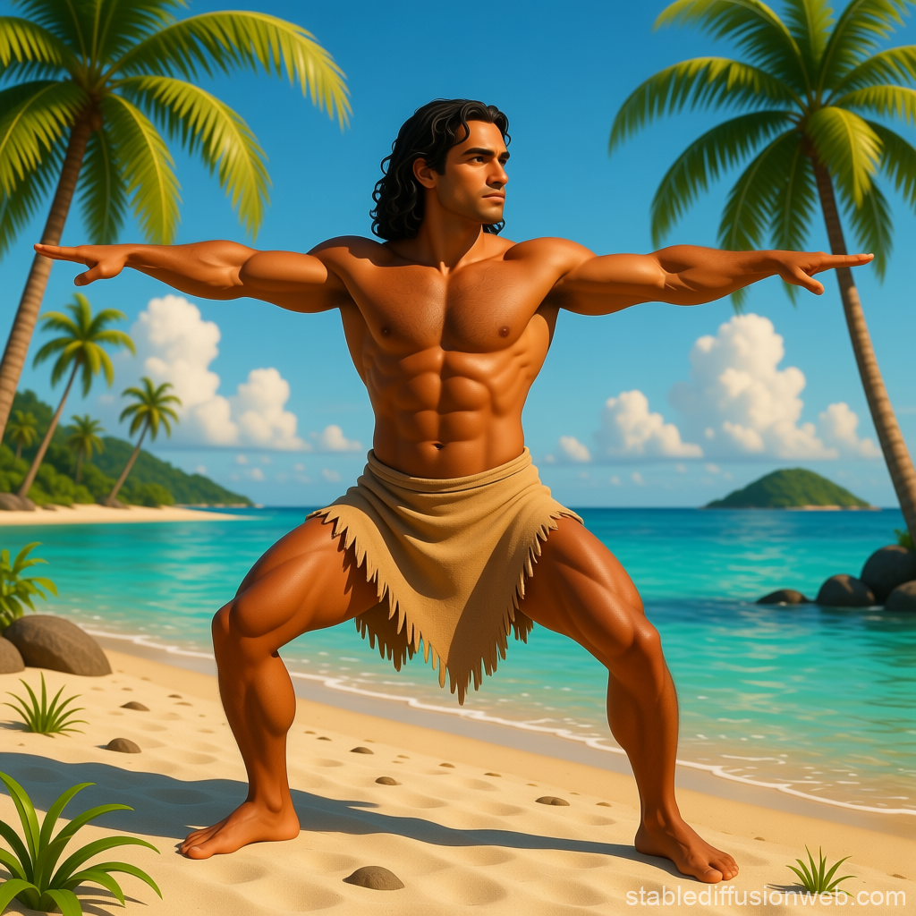 Muscular Man in Loincloth Posing on Tropical Beach