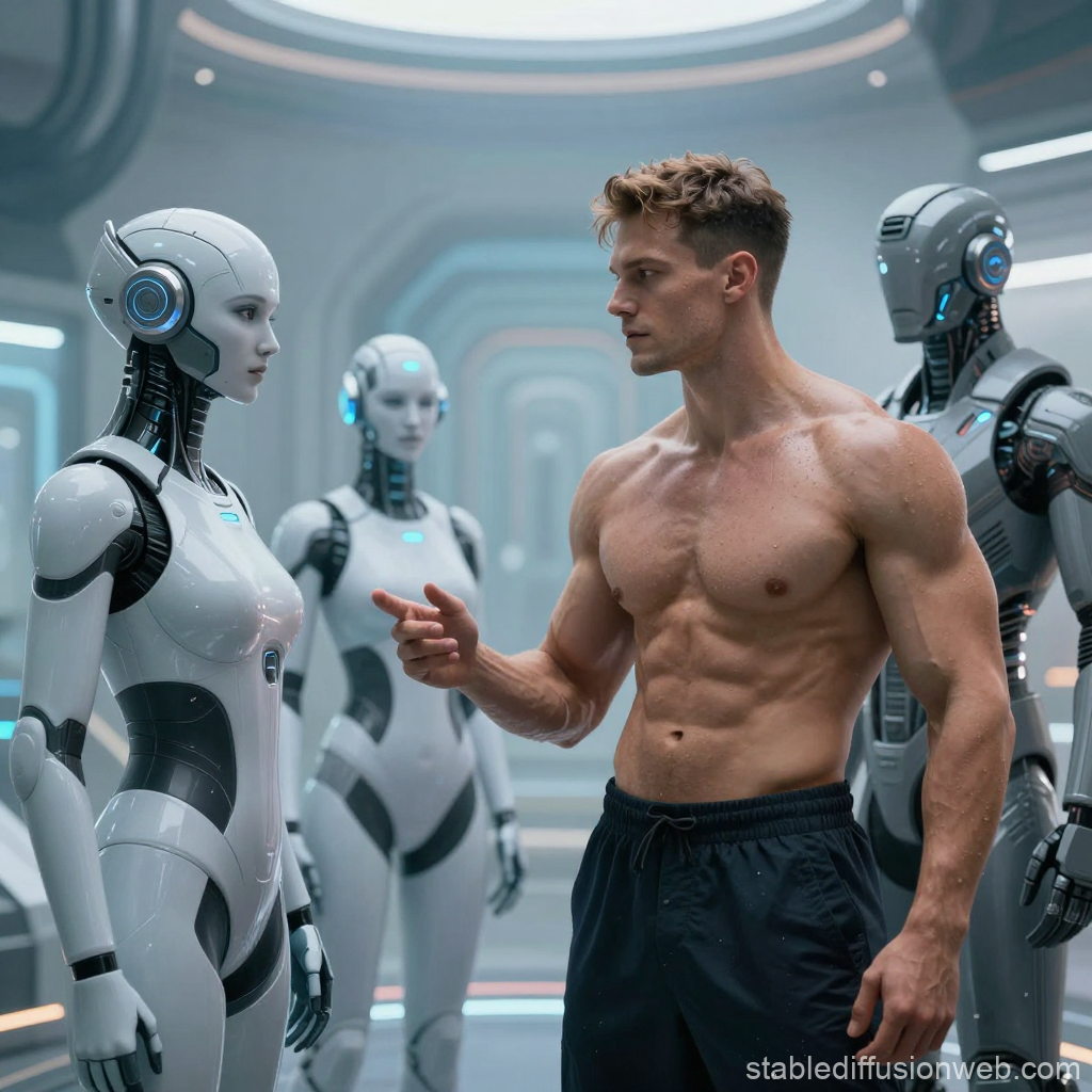 Muscular Man Interacting with Futuristic Robots in Sci-Fi Setting