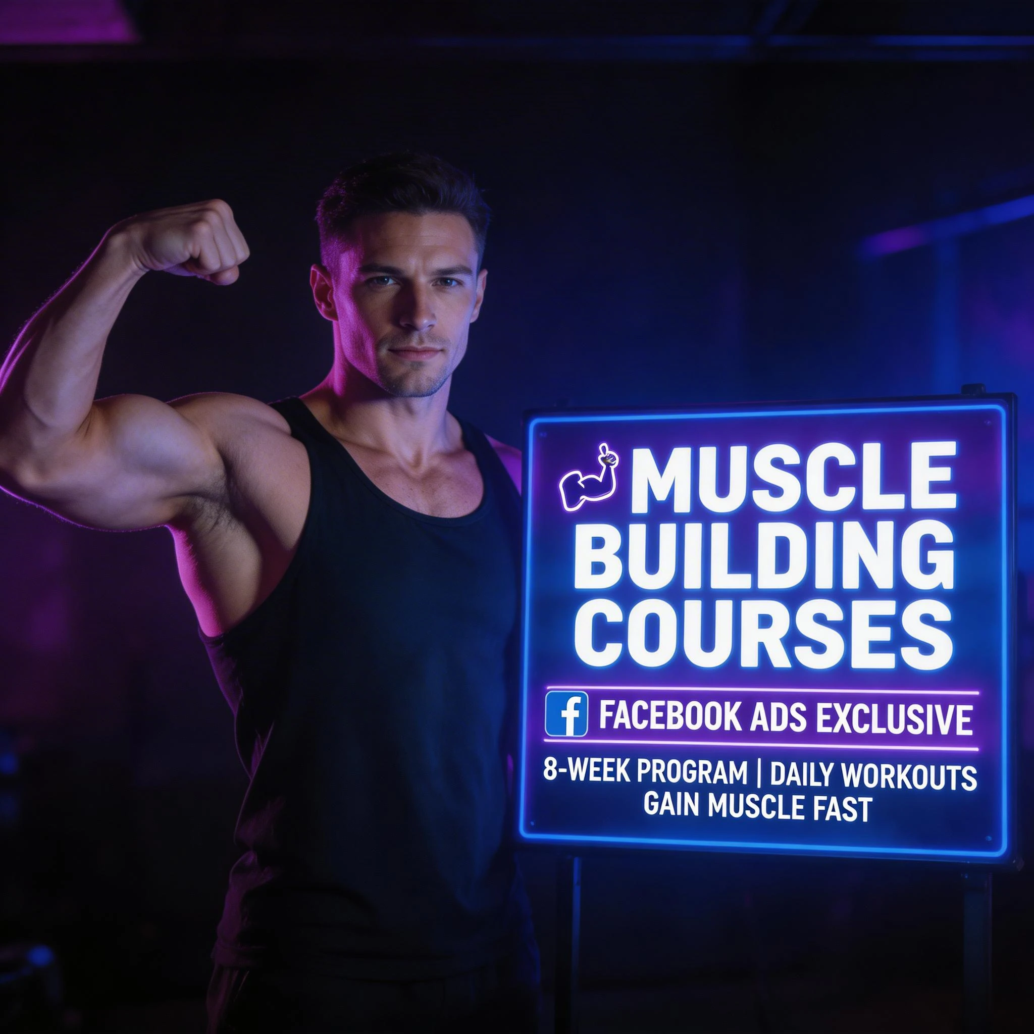 Muscular Man Promoting Muscle Building Courses