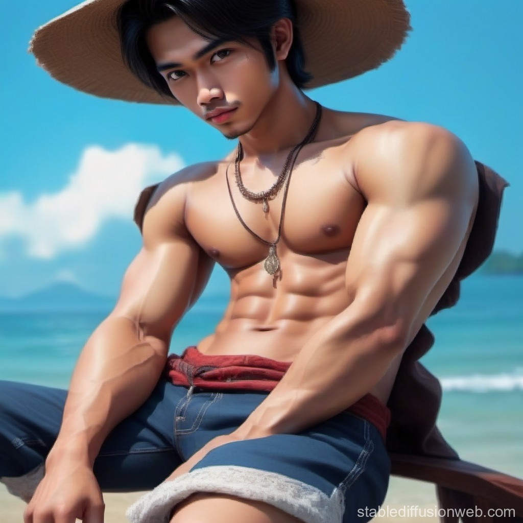 Muscular Man Wearing Straw Hat at the Beach