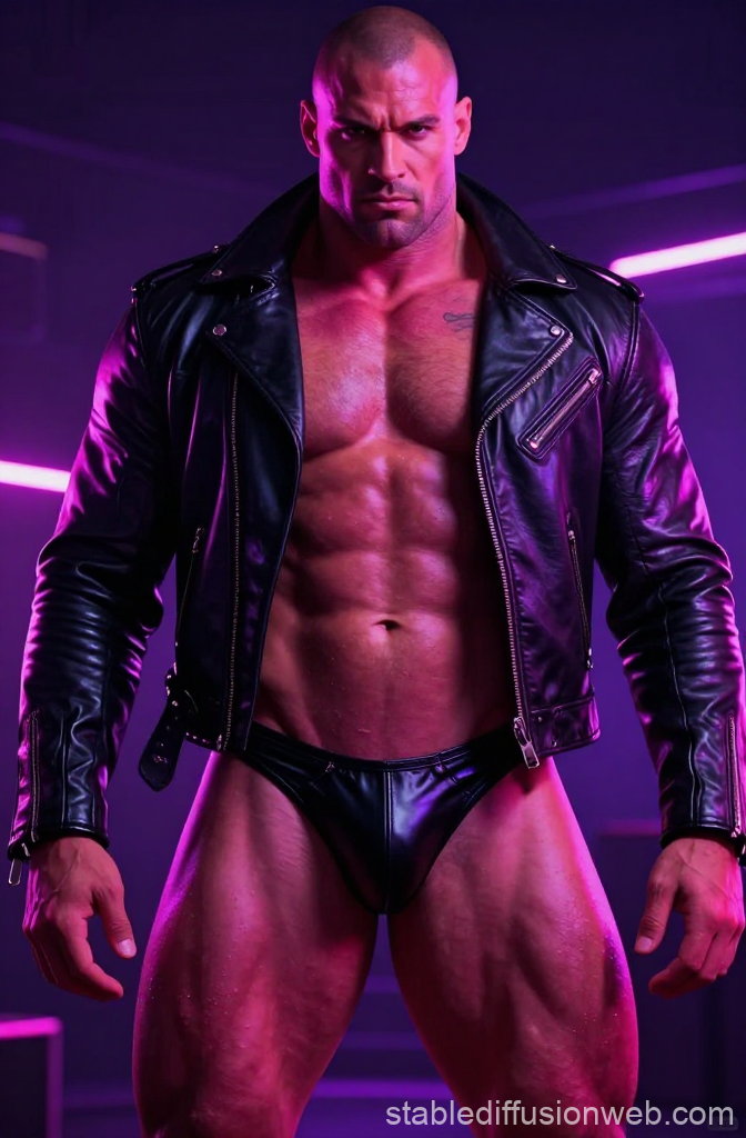 Muscular Strongman in Leather Biker Outfit with Neon Lighting