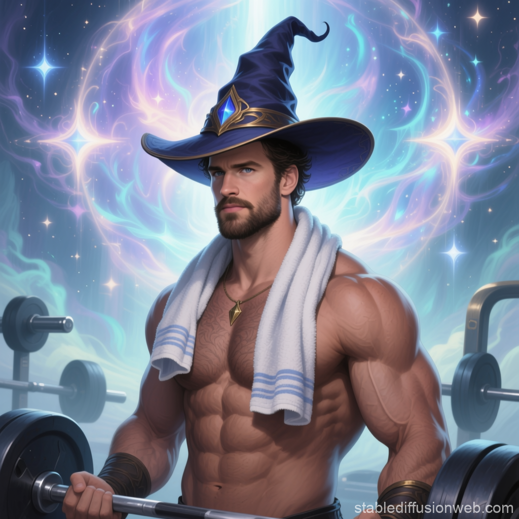Muscular Wizard Lifting Weights in a Magical Gym