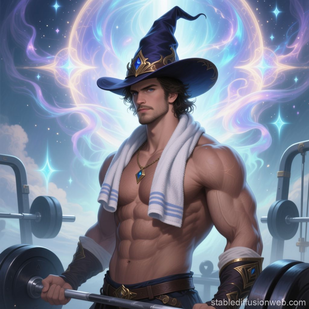 Muscular Wizard Lifting Weights with Magical Aura