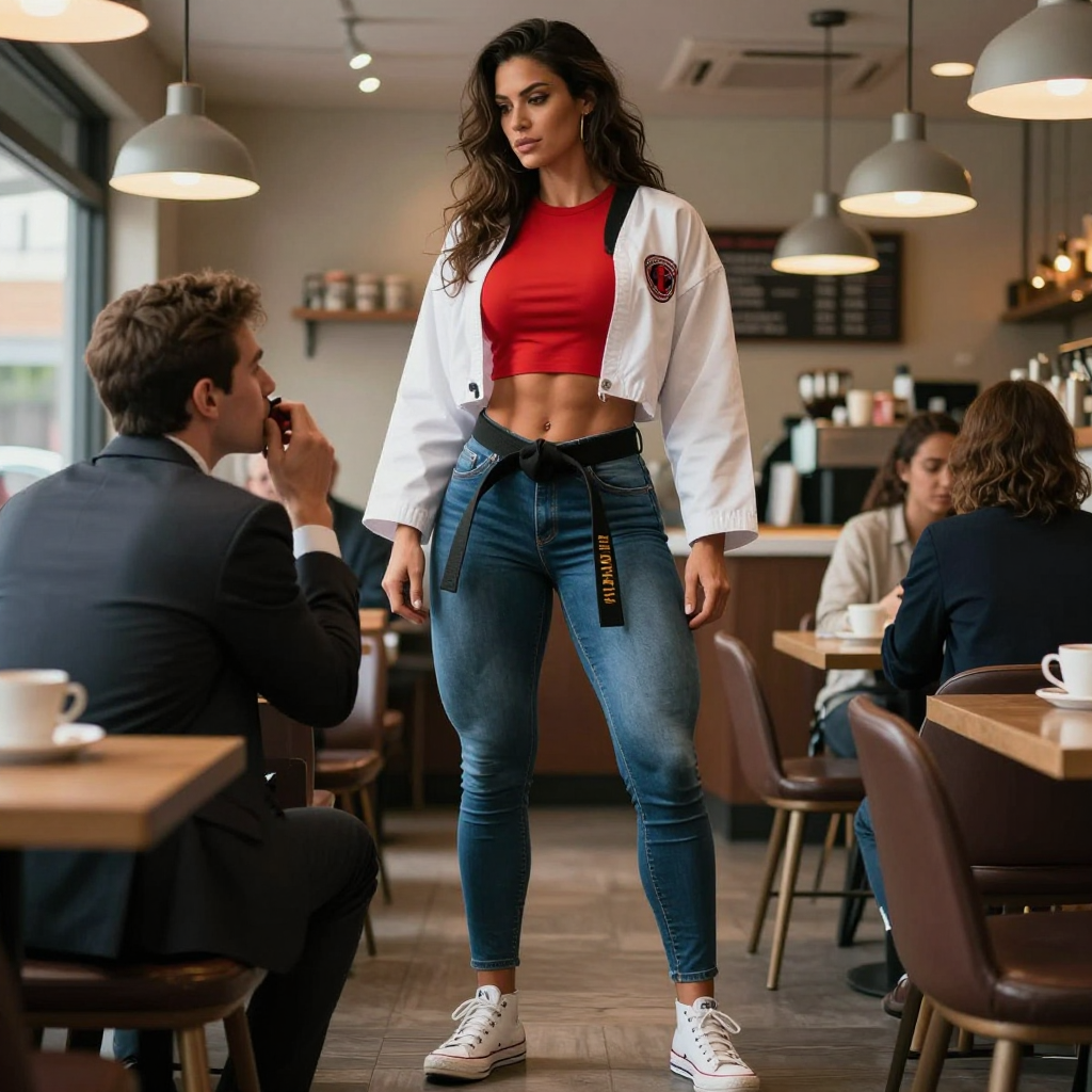 Muscular Woman in Casual Outfit Standing in Coffee Shop