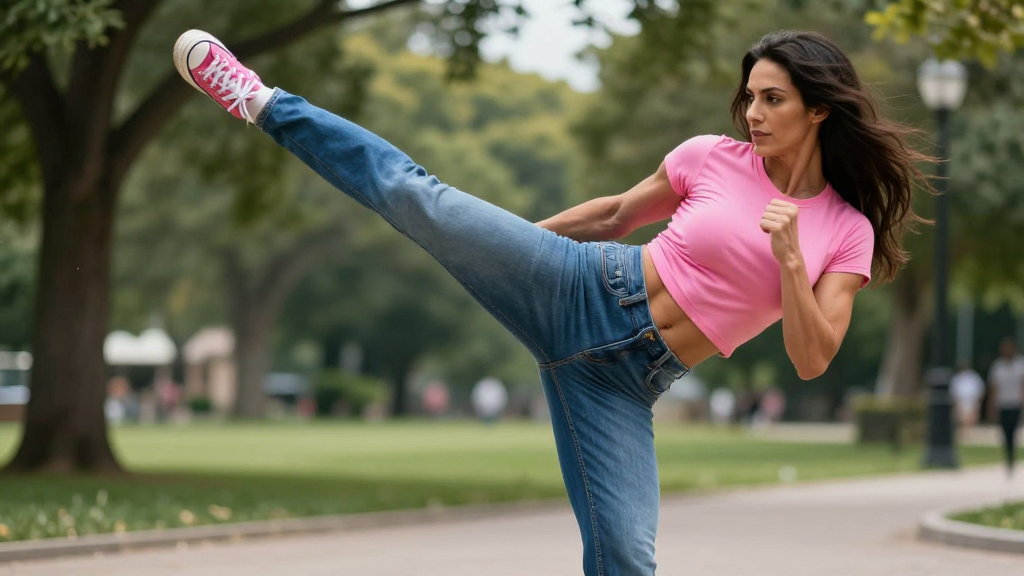 Muscular Woman Performing High Karate Kick Outdoors