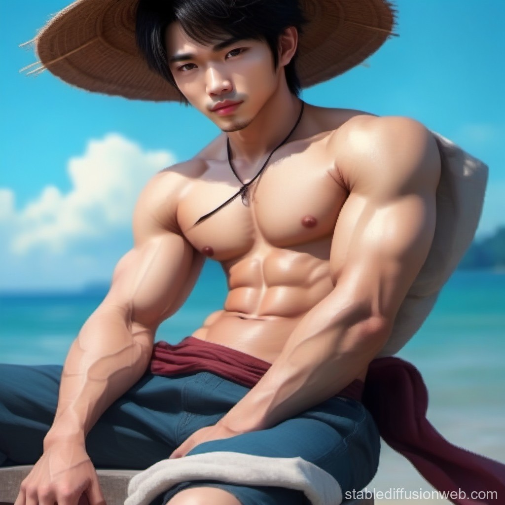 Muscular Young Man in Straw Hat at the Beach