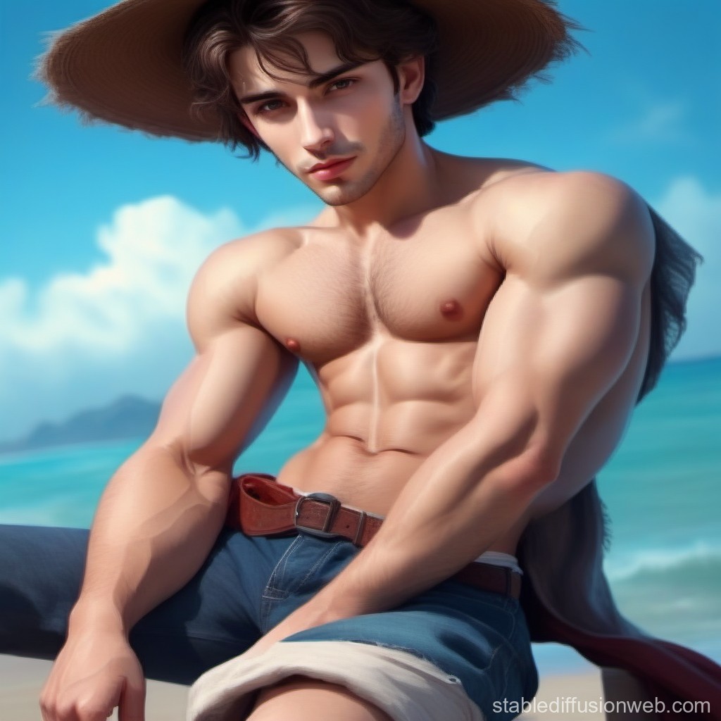 Muscular Young Man in Wide-Brimmed Hat at the Beach