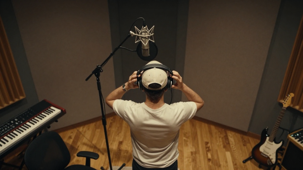 Musician Adjusting Headphones in Recording Studio