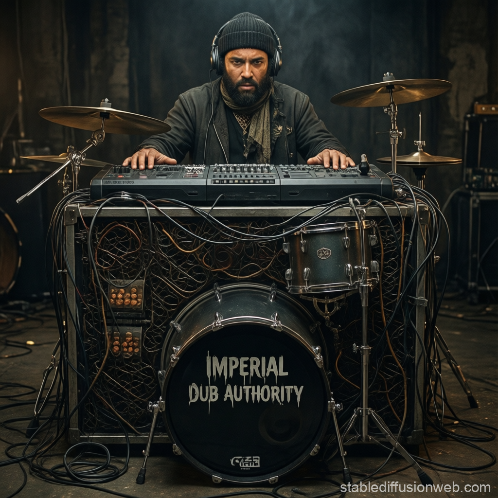 Musician Performing with Drum Kit and Synthesizer