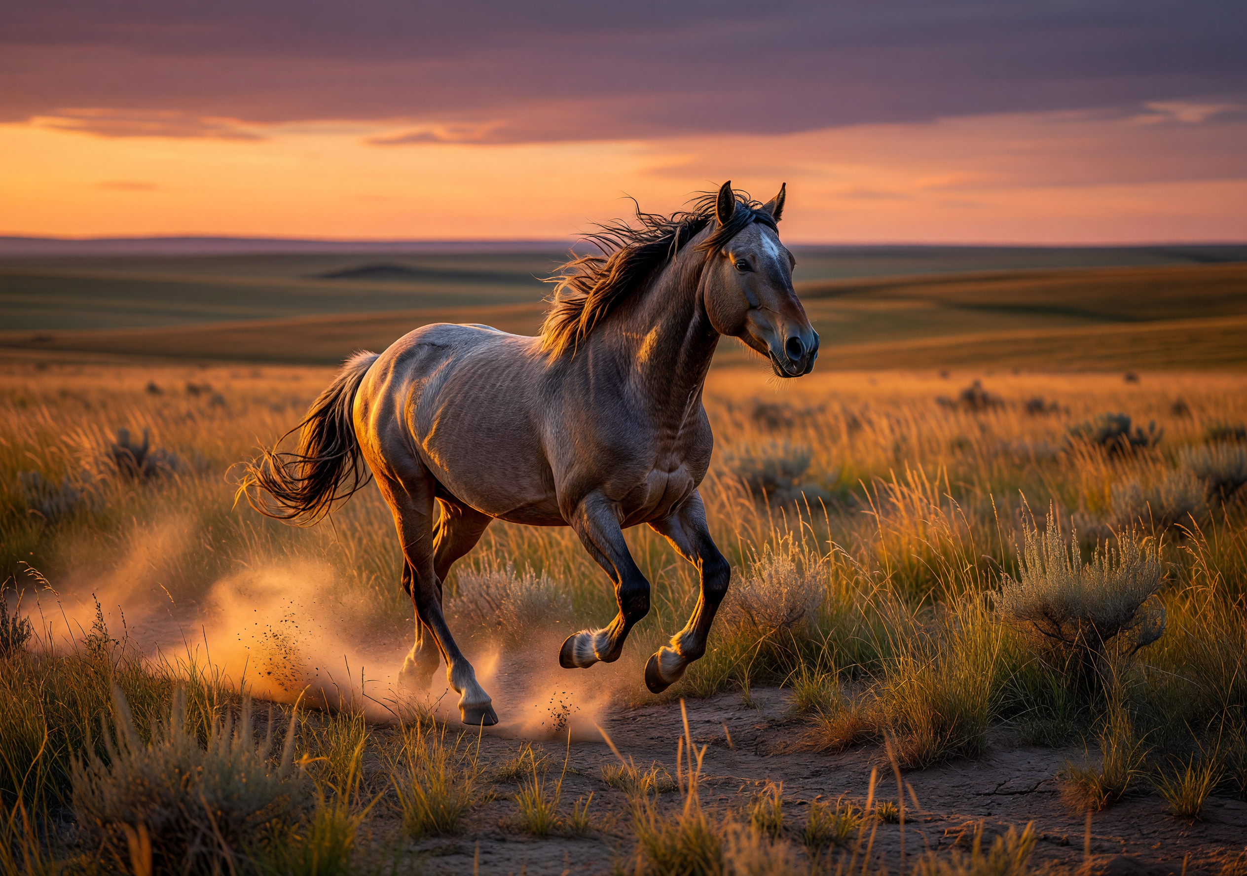 Mustang Galloping at Fiery Sunset in Open Plains