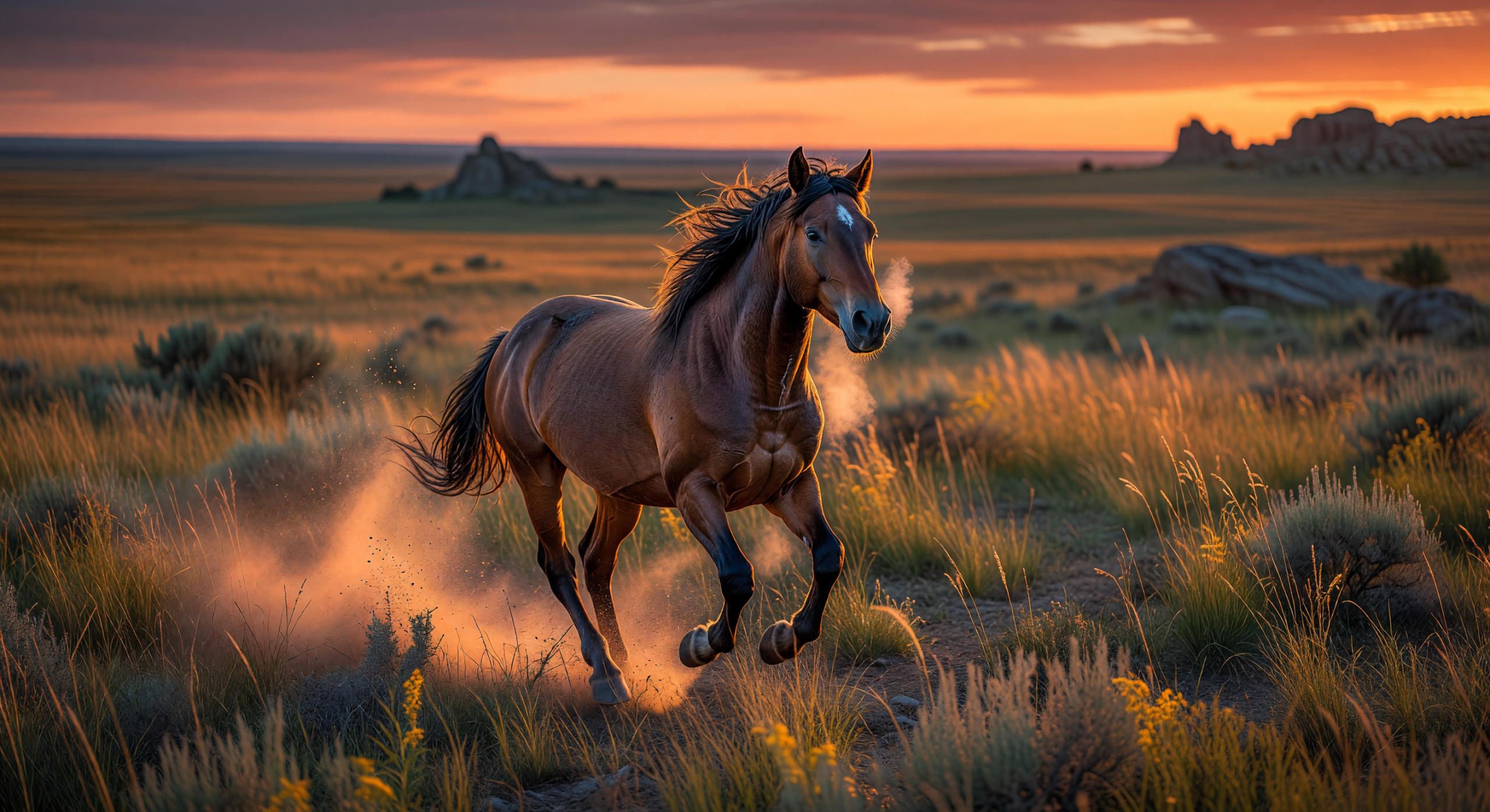 Mustang Galloping at Sunset on Prairie