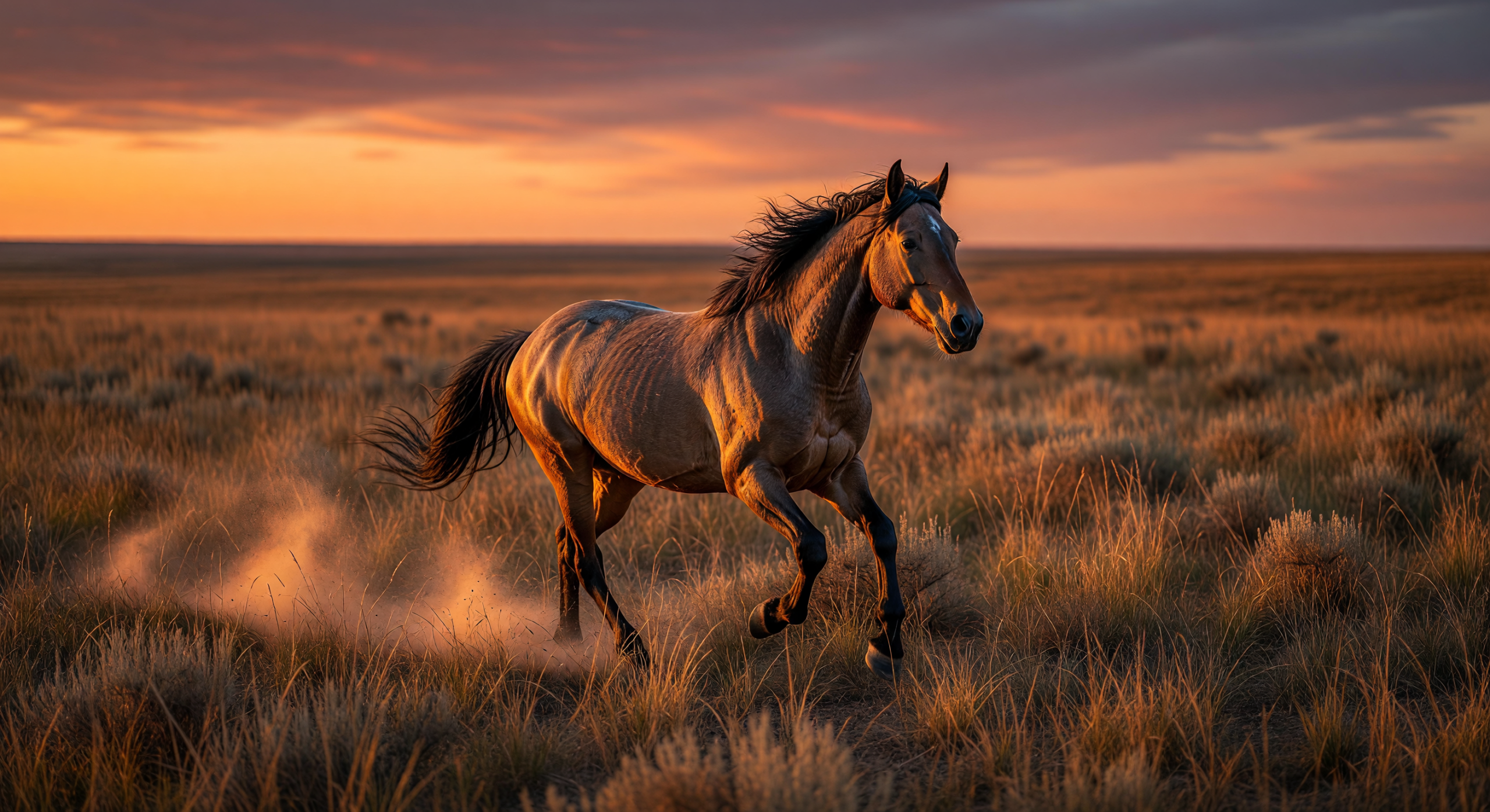 Mustang Galloping Freely at Sunset on the Prairie