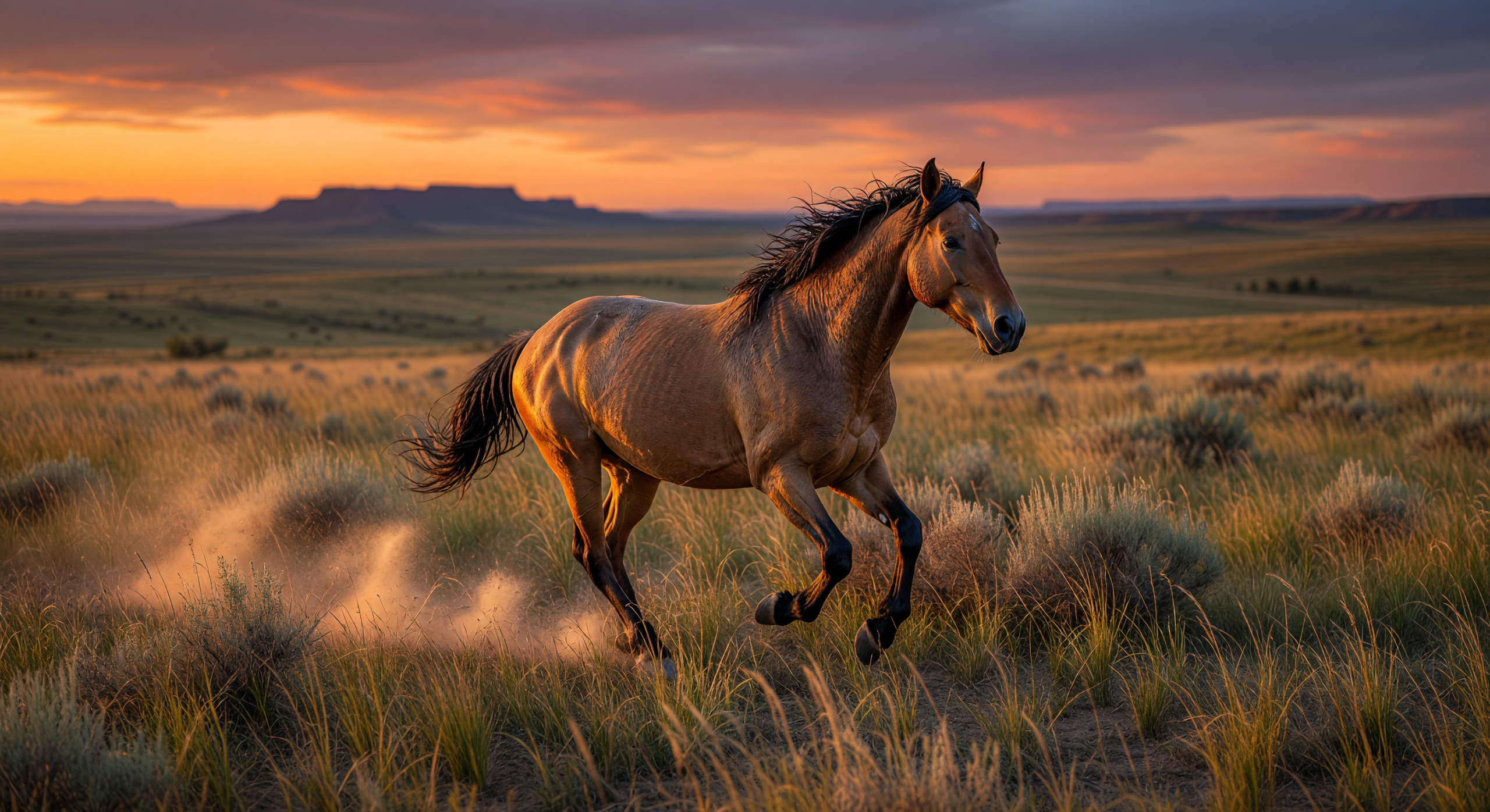 Mustang Running Across Prairie at Sunset