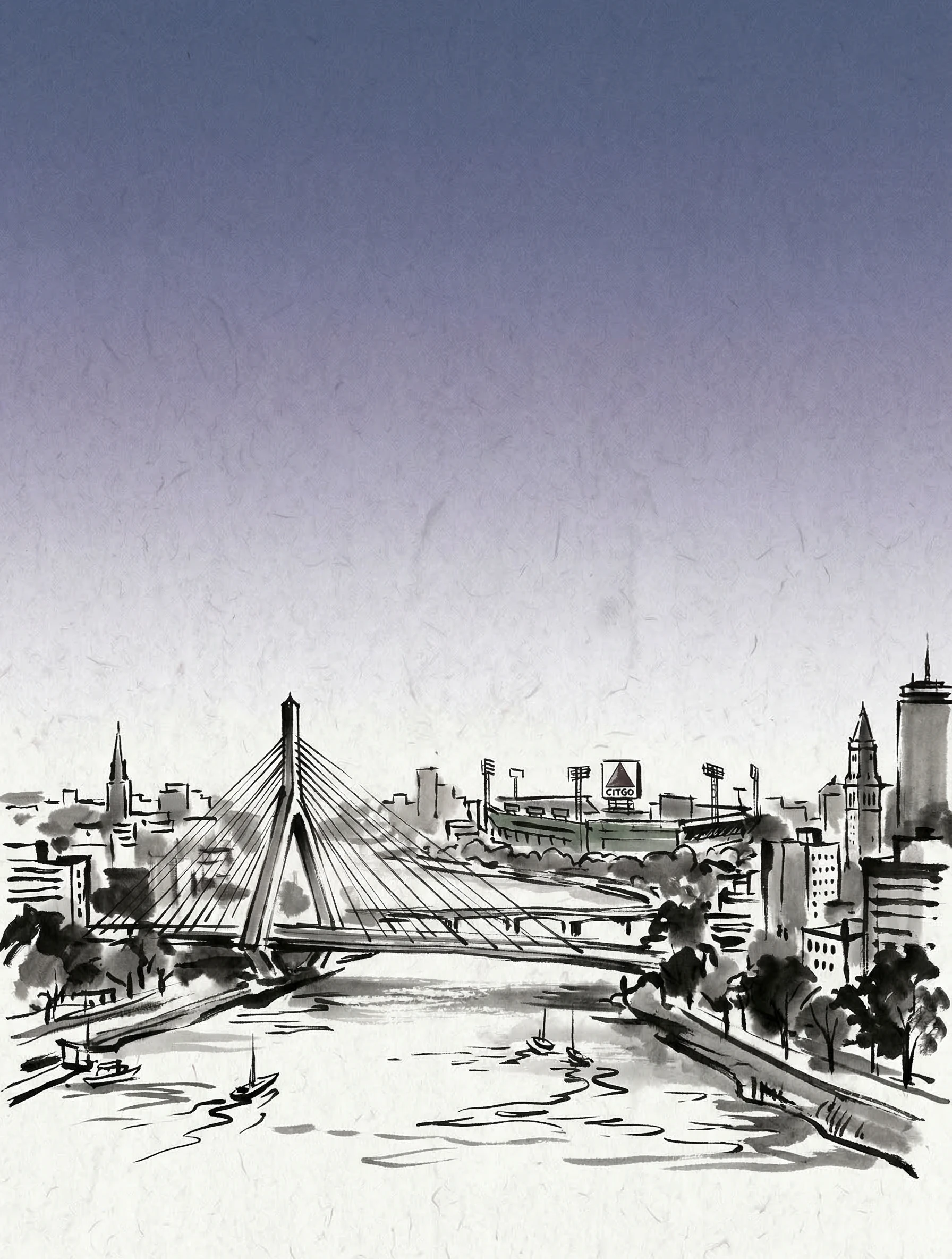 Muted Boston Cityscape with Zakim Bridge and Citgo Sign