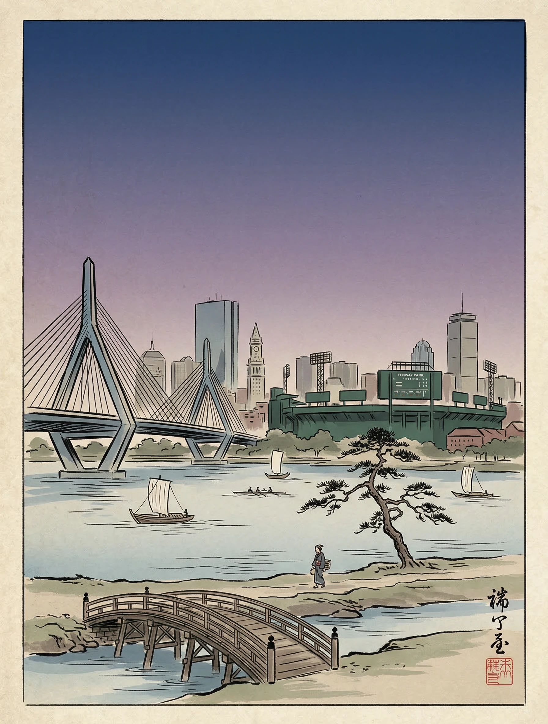 Muted Boston Skyline with Traditional Japanese Style