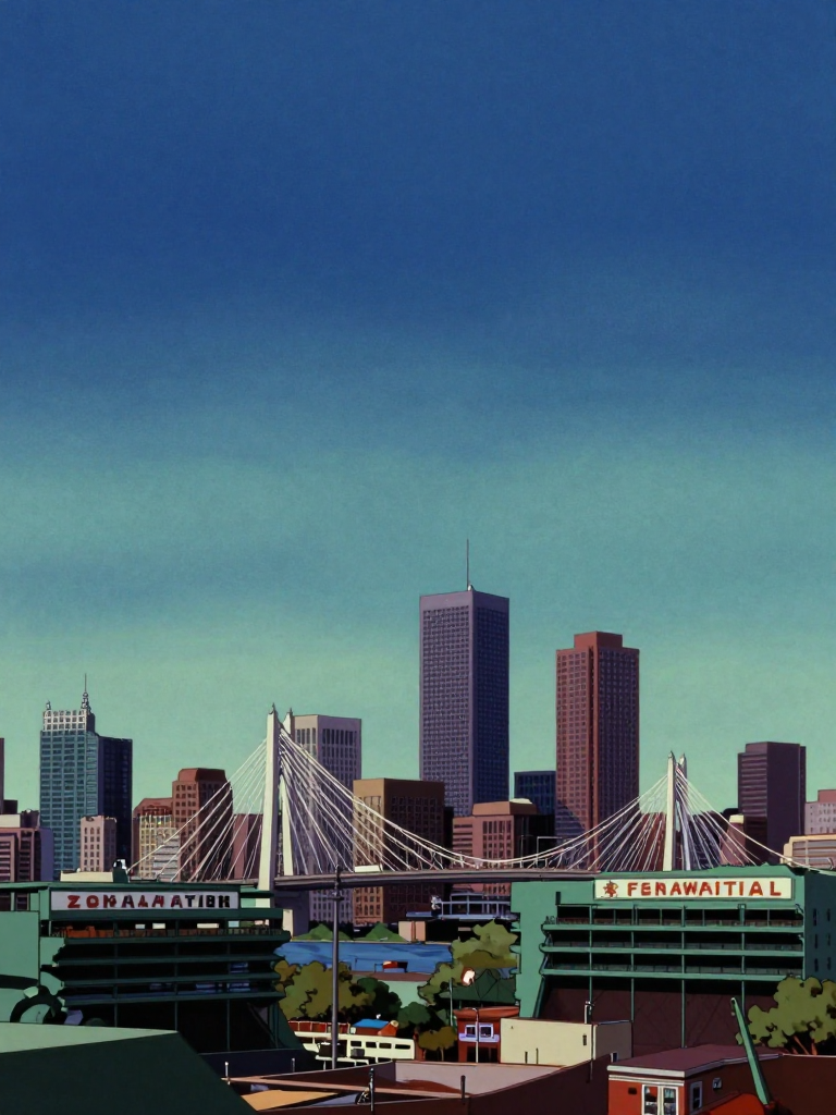 Muted Boston Skyline with Zakim Bridge in Illustration Style
