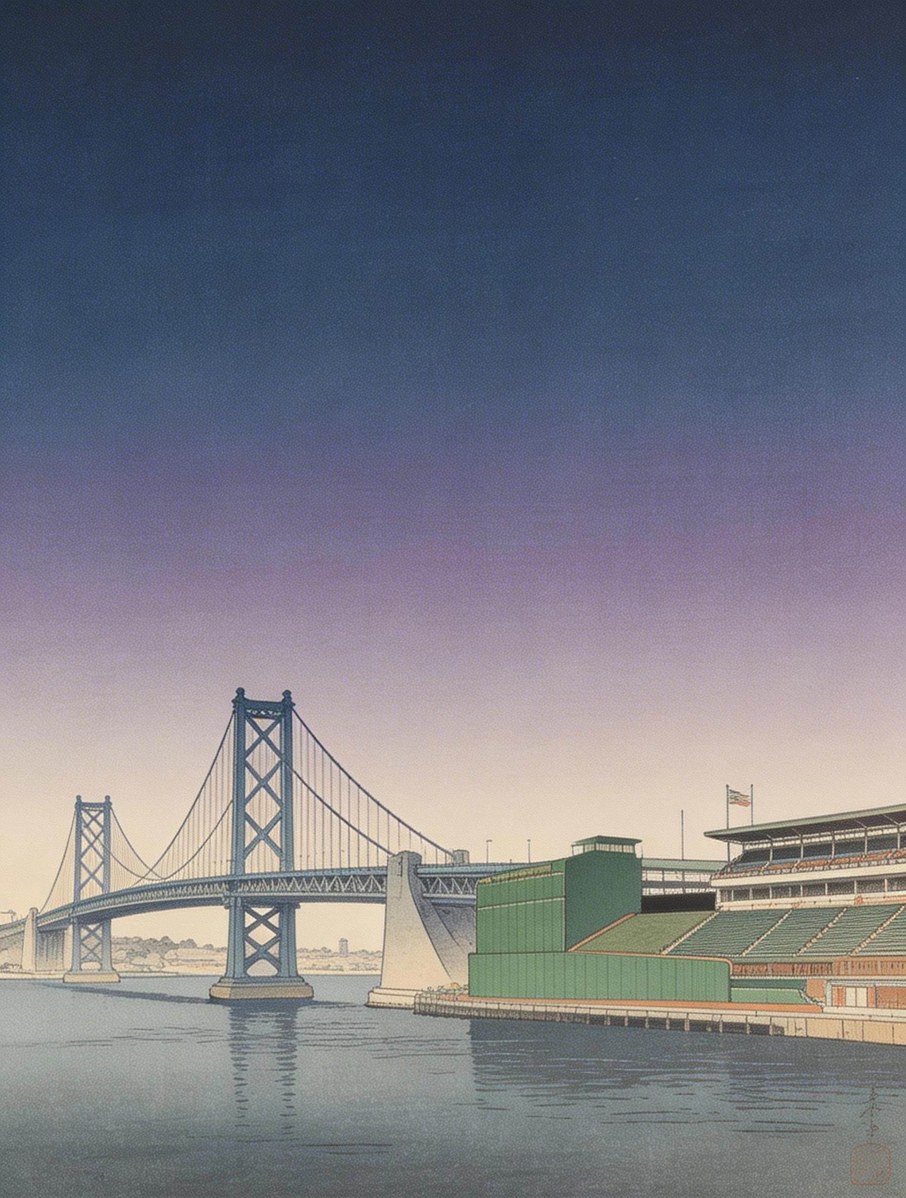 Muted Cityscape with Bridge and Stadium by the Water