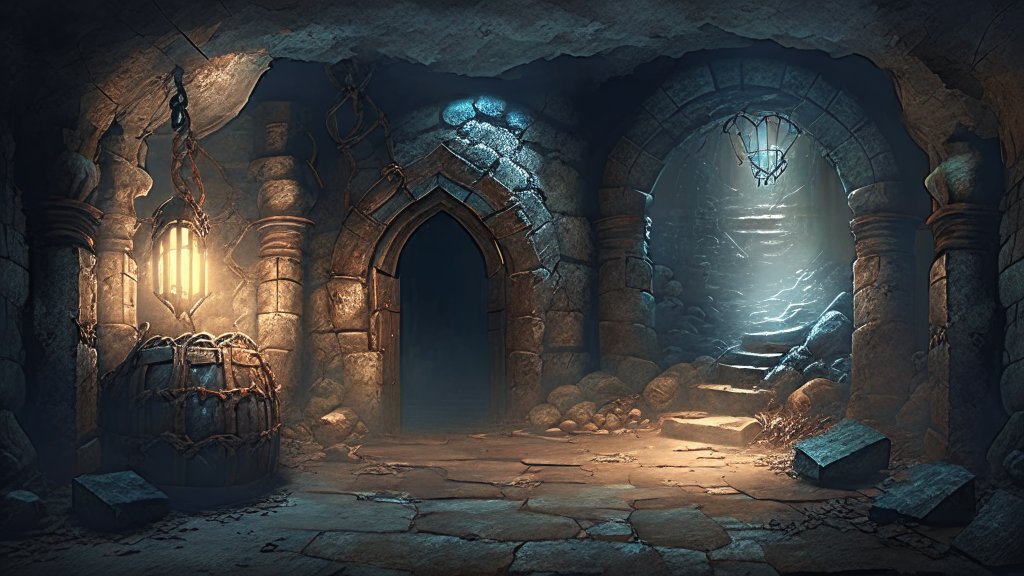 Mysterious Ancient Dungeon Interior with Stone Arches