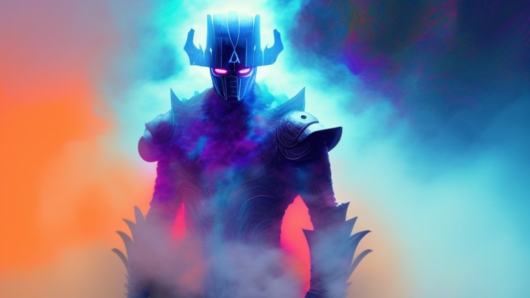 Mysterious Armored Warrior in Neon Mist