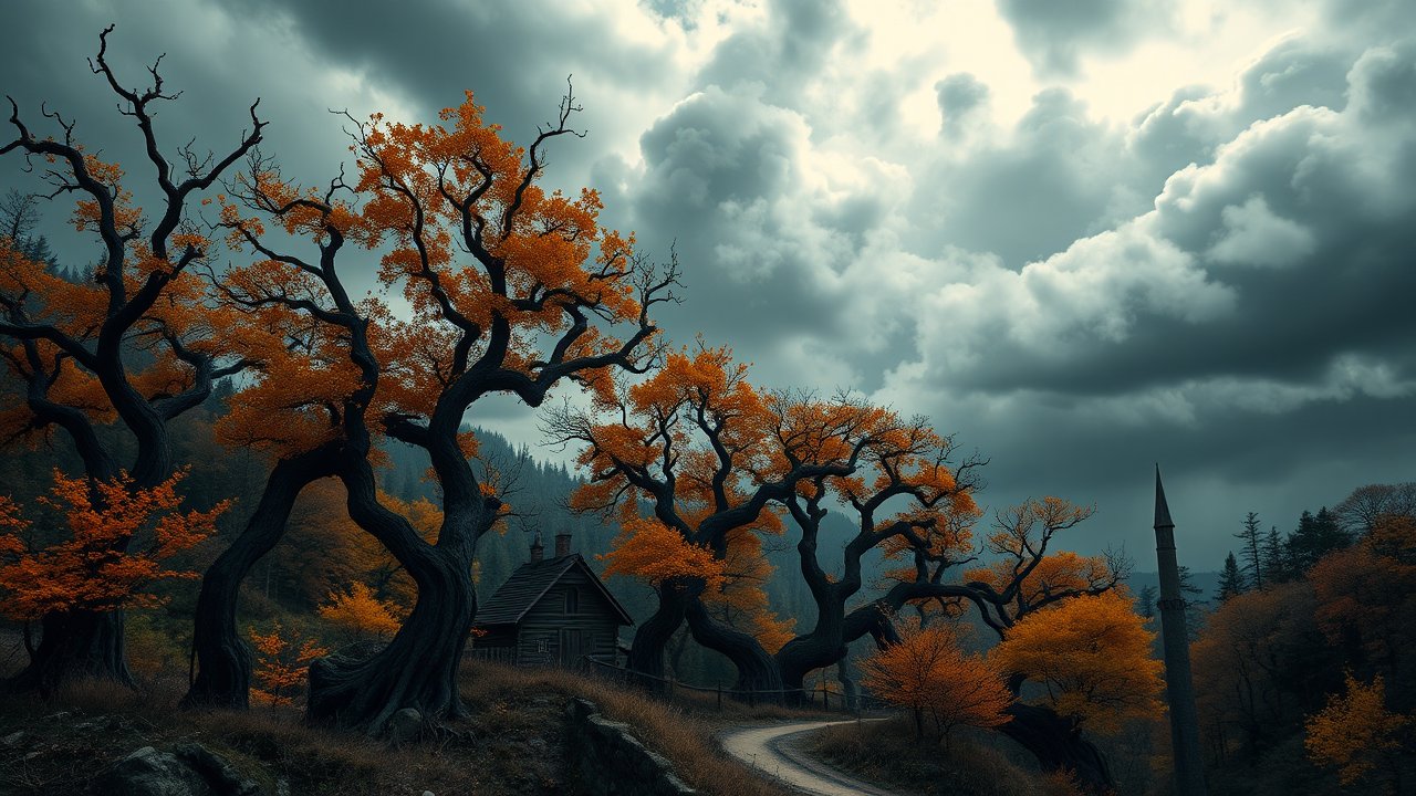 Mysterious Autumn Trees Along a Winding Path