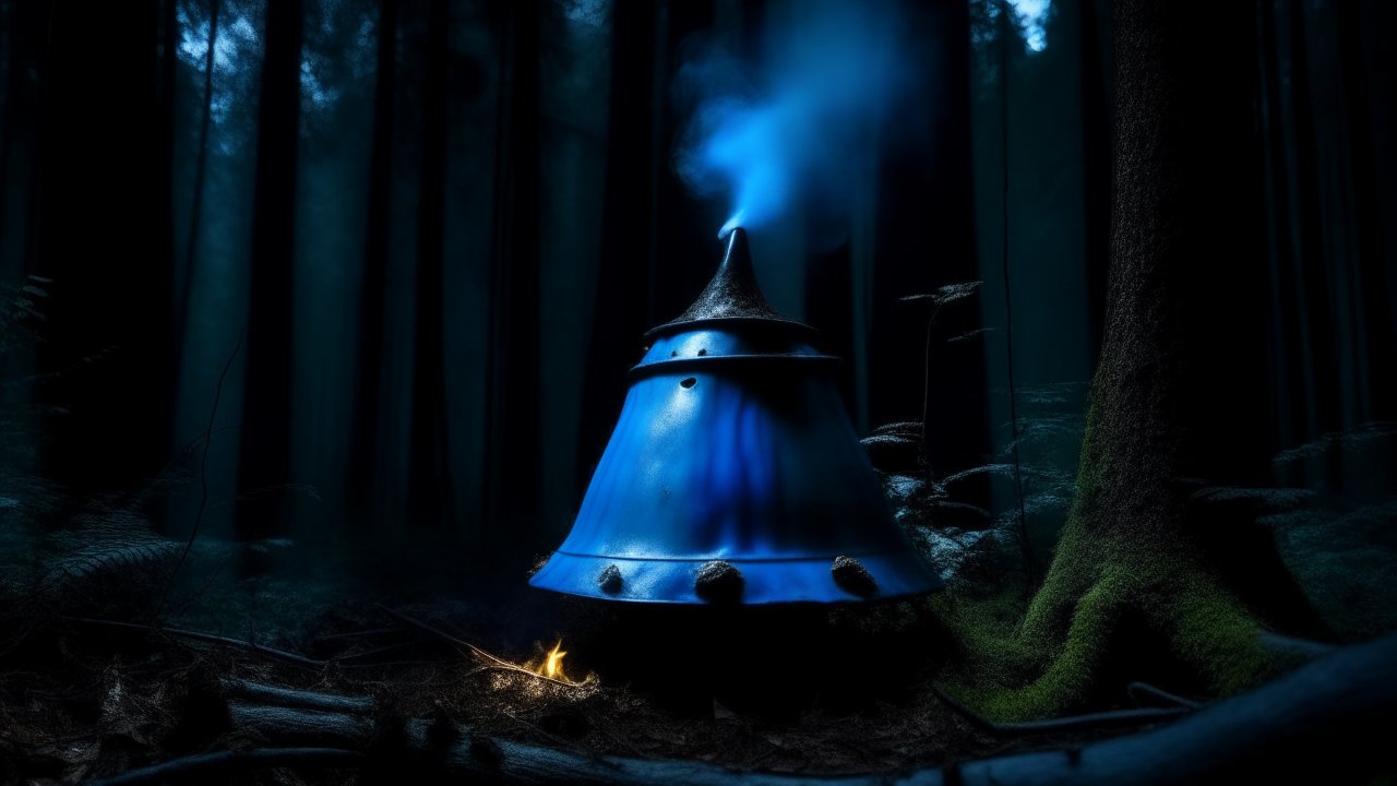 Mysterious Bell-Shaped Object Emitting Blue Smoke in Dark Forest