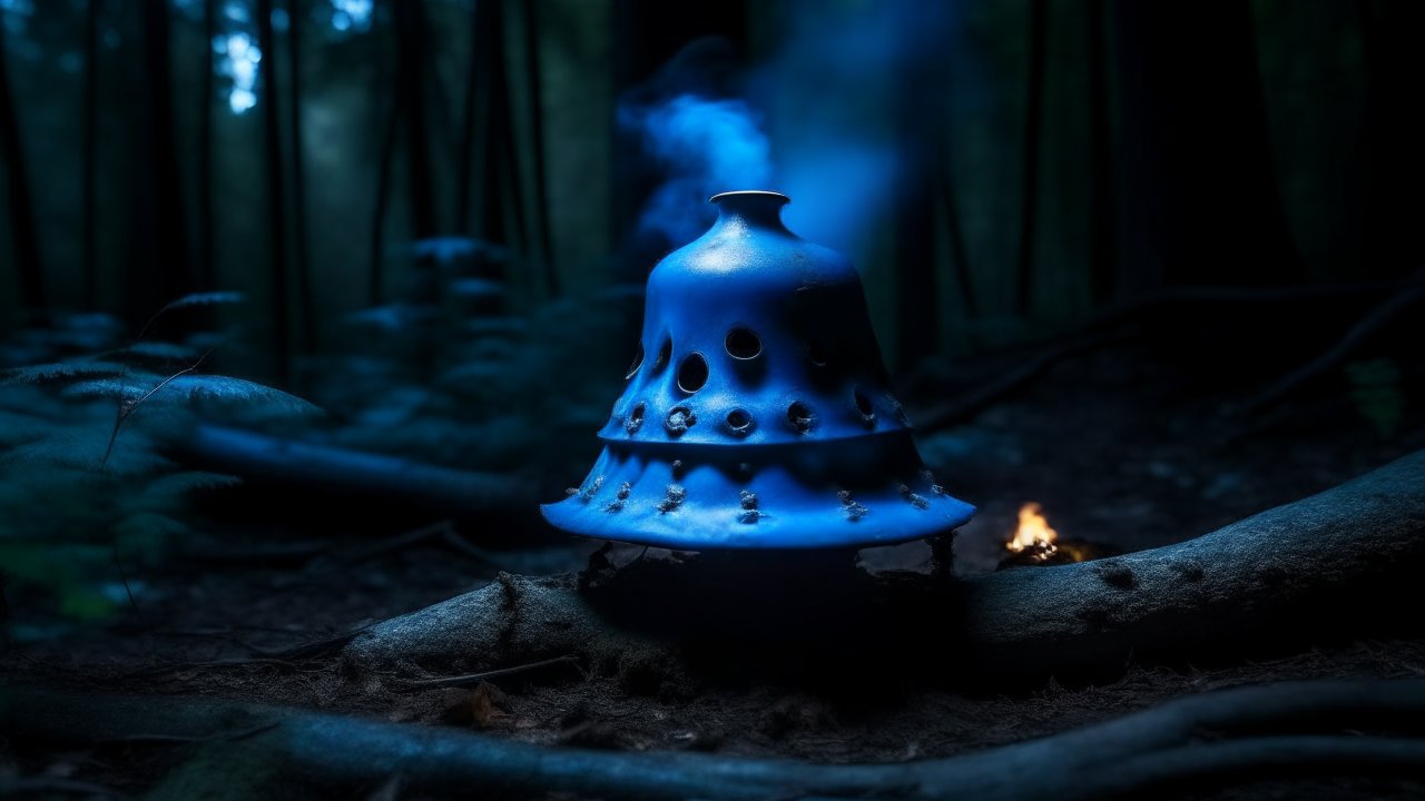 Mysterious Blue Bell-Shaped Object Emitting Smoke in Dark Forest